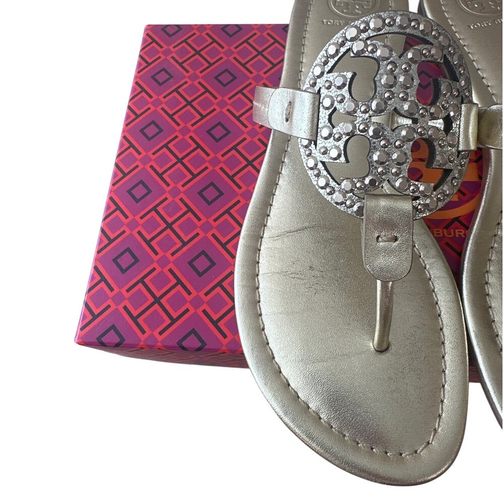 Tory Burch Miller Embellished Sandals Spark Gold 7.5 Metallic Thong - Picture 8 of 12